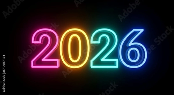 Fototapeta Colorful Neon Numbers 2026 in Bright Rgb Light on Black Background