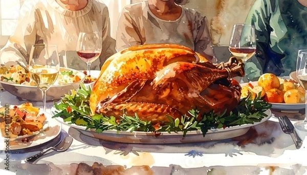 Fototapeta Thanksgiving Dinner Family Gathered Around Festive Table with Turkey Food and Wine