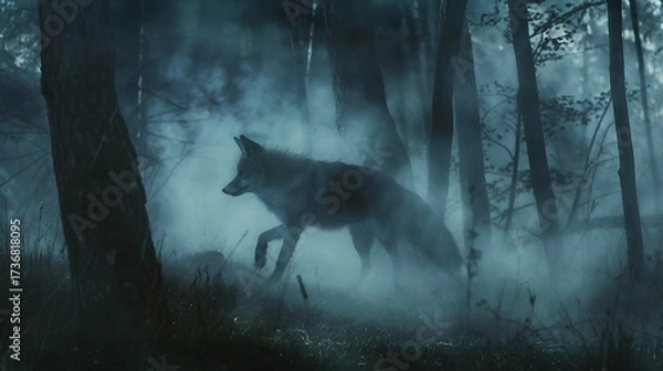 Fototapeta Wolf running through misty moonlit forest with dramatic fog creating mysterious wildlife scene in moody atmospheric woodland environment
