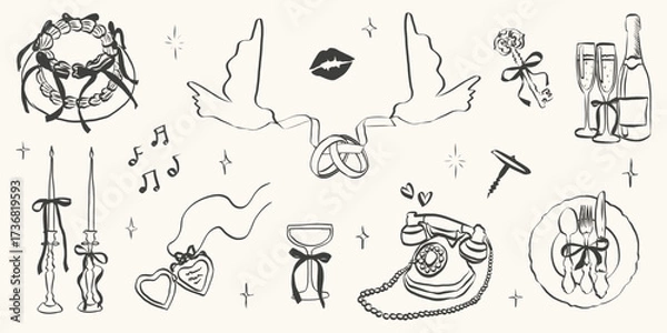 Fototapeta Hand drawn coquette wedding elements. Vintage cute symbols with ribbon and bow in simple crayon sketch style. Trendy art for Valentine day and bachelorette invitations. Aesthetic vector illustration