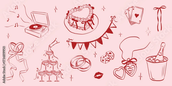 Fototapeta Hand drawn coquette wedding elements. Vintage cute symbols with ribbon and bow in simple crayon sketch style. Trendy art for Valentine day and bachelorette invitations. Doodle vector illustration