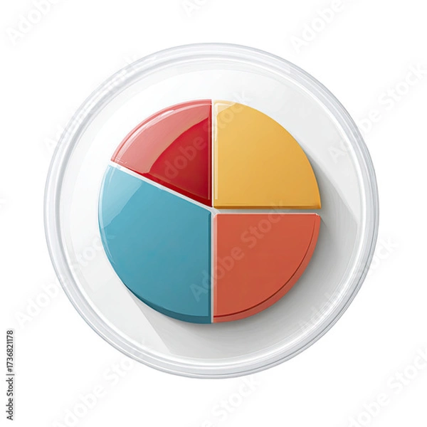 Fototapeta A stylized pie chart divided into four sections of red, orange, blue, and coral, presented on a circular white platform with a drop shadow