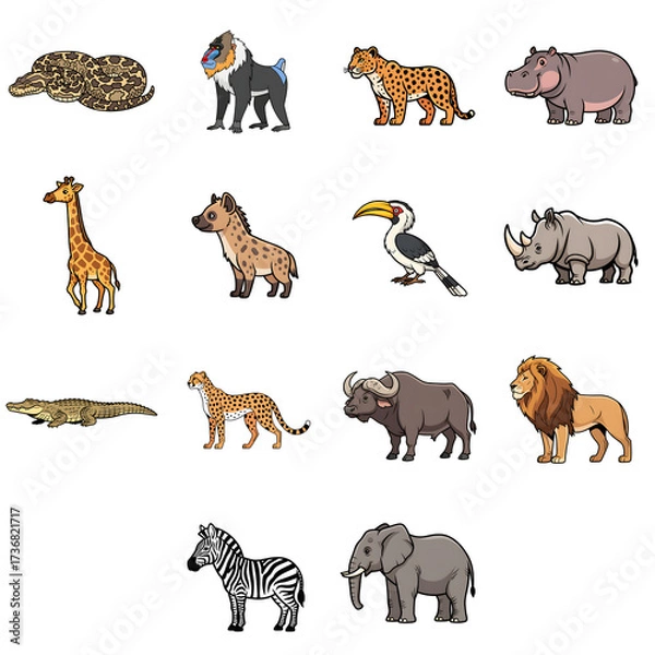 Obraz Set of 14 cute cartoon African safari animals. Wild animal characters collection for kids including lion, elephant, giraffe, and zebra. Isolated on white background.