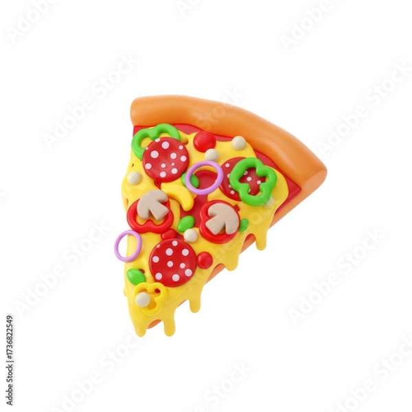 Obraz Stylized 3D Cartoon Pizza Slice with Melted Cheese, Colorful Pepperoni, Peppers, and Mushrooms on Transparent Background. No Background PNG
