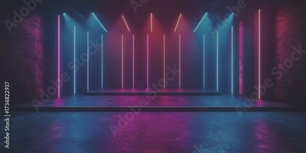 Obraz Vibrant neon lights illuminate a modern stage set for an upcoming performance in an urban venue at night - Low Contrast