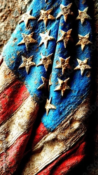 Obraz Weathered American flag draped against a textured surface showing signs of age and history - High Contrast