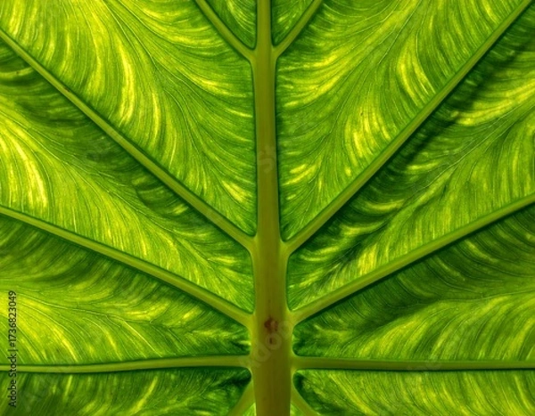 Obraz Detailed close-up view of a vibrant green leaf, showcasing intricate vein patterns and textures.