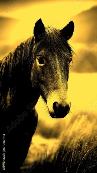Fototapeta Majestic horse standing in a meadow during a cloudy morning in the countryside