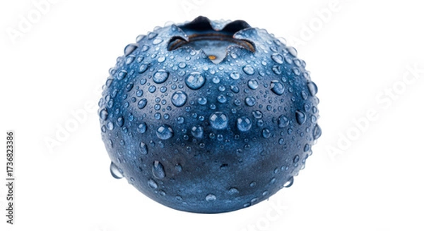 Fototapeta Macro shot of a single fresh blueberry adorned with glistening water droplets, highlighting its vibrant blue hue and intricate texture, isolated.. Transparent PNG Image