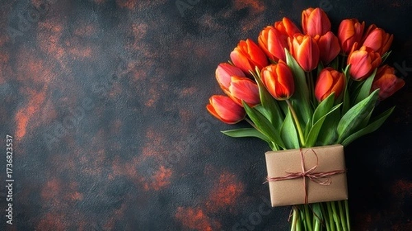 Fototapeta Vibrant Red Tulips with Gift Box on Dark Textured Background