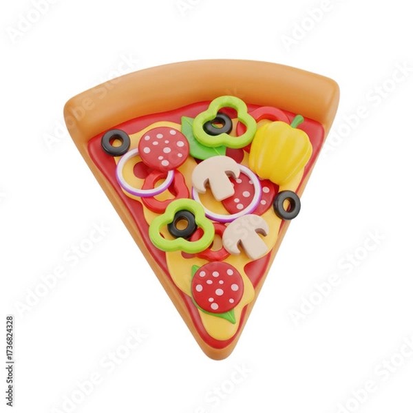 Fototapeta 3D Render of a Colorful Pizza Slice with Various Toppings like Pepperoni, Peppers, Olives, Mushrooms, and Onions, isolated for a transparent background design. PNG Transparent Icon