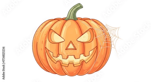 Obraz Spooky Jack-o'-Lantern Halloween Pumpkin with Glowing Eyes and Spiderweb Illustration, Ideal for Fall Decorations and Seasonal Celebrations, Transparent Background. PNG Cut Out Transparent