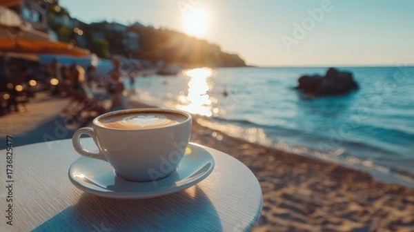 Fototapeta Coffee cup with latte art on table by the beach at sunset