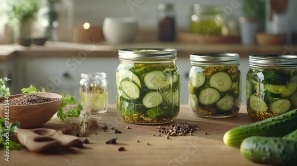 Fototapeta Freshly Pickled Cucumbers in Mason Jars with Spices