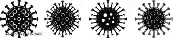 Fototapeta Four black silhouette virus particles with spikes isolated on white background