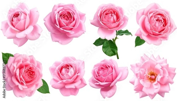Fototapeta Nine exquisite, vibrant pink roses, displayed against a pristine white backdrop, showcasing diverse perspectives and detailed floral elements.