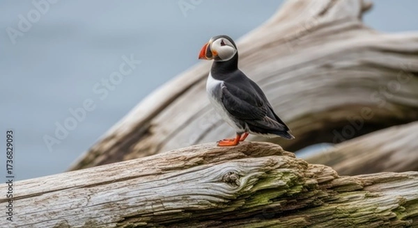 Fototapeta A Captivating Atlantic Puffin Portrait on Weathered Wood with Serene Backdrop Displaying Natural