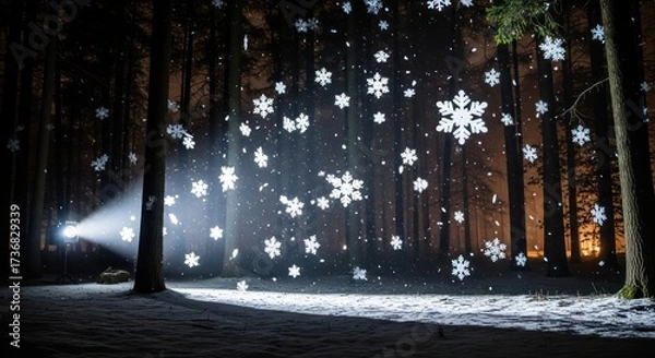 Fototapeta Enchanted winter forest with snowflakes illuminated by a powerful light beam casting captivating