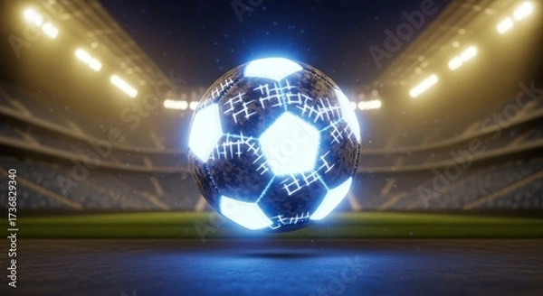 Fototapeta Futuristic glowing soccer ball in a stadium with bright spotlights illuminating the field