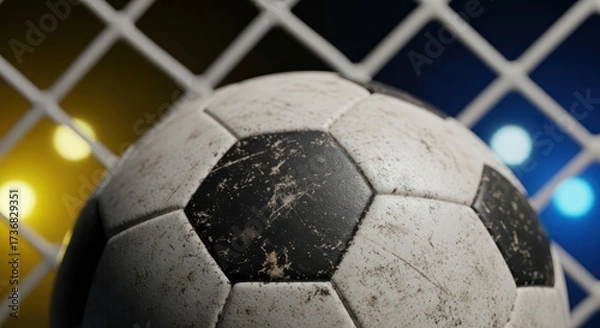 Fototapeta Dramatic close-up of worn soccer ball against a vivid stadium lights backdrop evoking intense game
