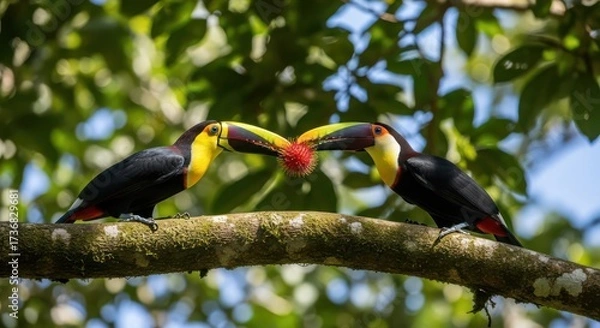 Fototapeta Two channel-billed toucans delicately sharing a rambutan fruit on a mossy branch showcasing