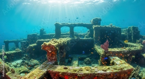 Fototapeta Underwater Structure Encrusted with Marine Growth Under the Glistening Sunrays in the Ocean