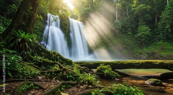 Fototapeta Majestic waterfall cascades through lush jungle foliage creating a tranquil scene of unspoiled