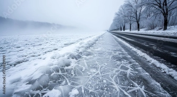 Fototapeta Frozen road vanishing into foggy distance, lined with snow-covered trees, creating a winter