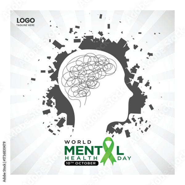 Fototapeta World Mental Health day, concept design with abstract human head profile and Green ribbon design Vector Illustration