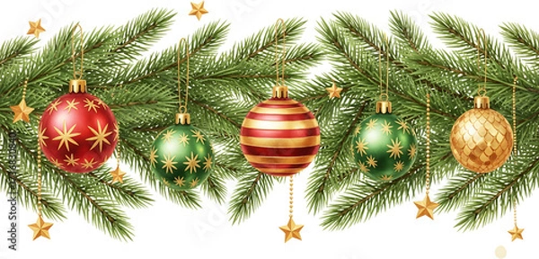 Fototapeta Green pine branches adorned with festive red green and gold spherical ornaments and star accents Christmas Decorations Holiday New Year Celebration Hanging