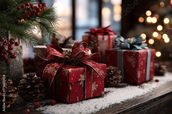 Fototapeta Festive holiday decorations showcase beautifully wrapped gifts amidst pinecones and greenery