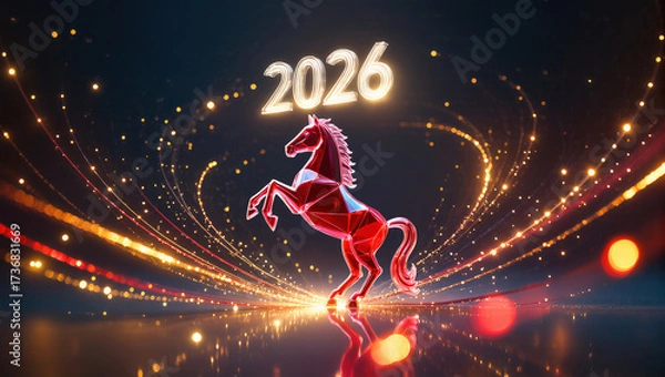 Fototapeta Futuristic 2026 red ruby horse with sparkling light trails.