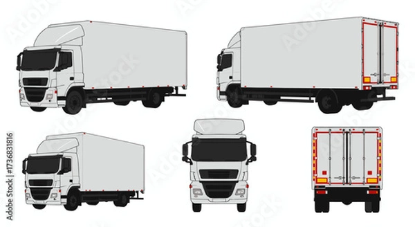 Fototapeta Detailed vector illustration of a white delivery trailer truck, presented from multiple angles, perfect for logistics, transportation, and commercial design projects.