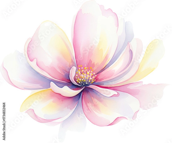 Obraz Delicate Watercolor Painting Of A Blooming Flower With Soft Pink White And Yellow Petals Revealing Intricate Stamen Details Against A Transparent Background