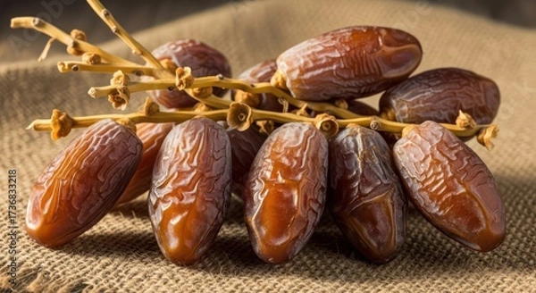 Fototapeta Arrangement of Medjool Dates on a Branch Displayed on Burlap Creating a Desert Oasis Theme