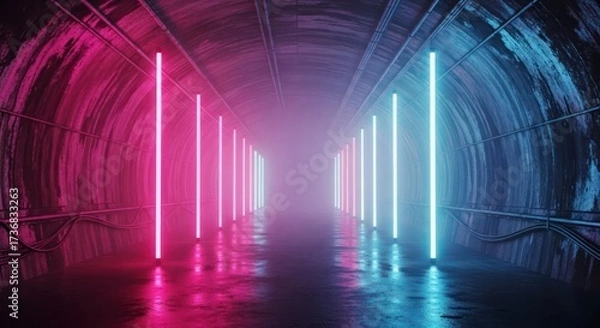Fototapeta Vibrant tunnel illuminated by neon lights creating a mesmerizing futuristic ambience