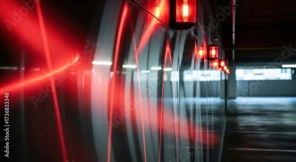 Fototapeta Dynamic interplay of red light and linear reflections in an industrial or parking structure