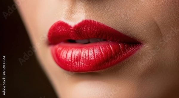 Fototapeta Close-up of a woman's face showcasing vibrant red lipstick and flawless skin texture for beauty