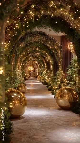 Fototapeta Magical christmas walkway with emerald velvet drapery golden ornaments and fairy lights creating a festive luxury scene