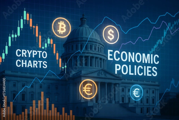 Obraz A digital graphic depicting economic themes with crypto charts and symbols set against a government building backdrop.