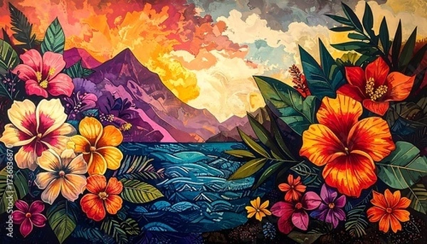 Fototapeta A vibrant floral artwork showcases a tropical paradise with a mountain range and a calm ocean, filled with rich colors and detailed hibiscus flowers.