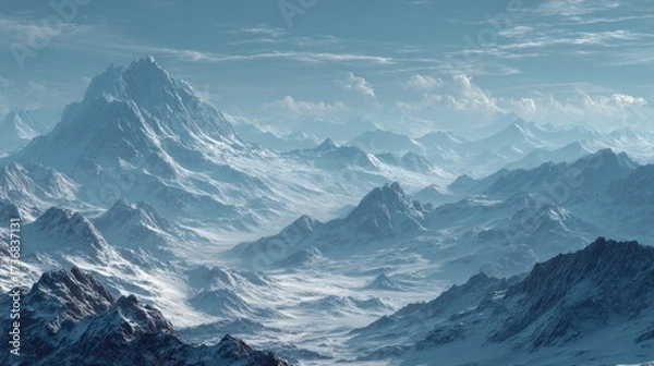 Fototapeta Panoramic view of an arctic landscape with towering snow-covered mountains