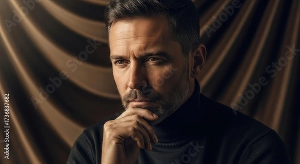 Fototapeta Contemplative portrait of a thoughtful middle-aged man in deep contemplation and elegant background