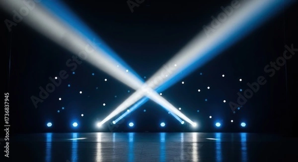 Fototapeta Stage ambiance with spotlights creating a dynamic cross pattern and bokeh style lights