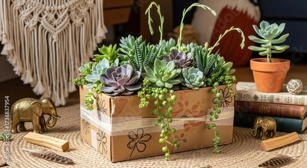 Fototapeta Artistic succulent arrangement in upcycled cardboard box with bohemian decor accents