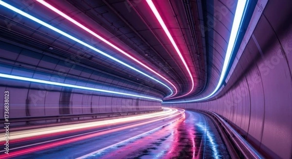 Fototapeta Futuristic tunnel vision with neon illumination and motion blur enhancing speed sensation