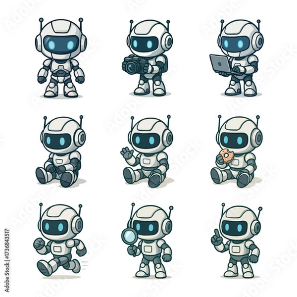 Fototapeta Vector cute robot character in different poses