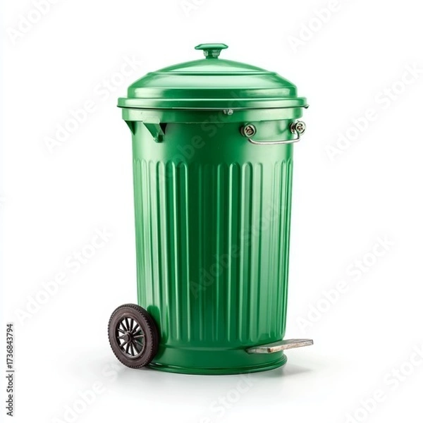 Fototapeta A green trash can with wheels and a lid. A close-up shot of an eye-catching, clean trash receptacle. It is designed with both functionality and environmental responsibility in mind