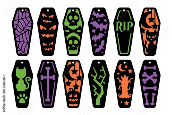 Fototapeta Set of 12 two layered Halloween vertical bookmarks with coffin shape. Laser cut template. Decorative bookmark stencil for paper, wood and metal cutting. Vector stencil