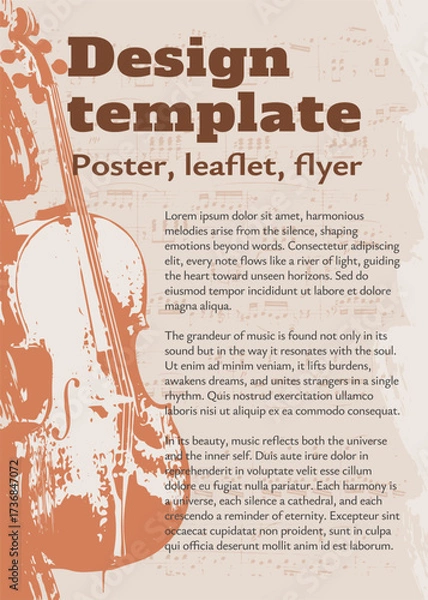 Fototapeta Musical background with cello, sheet music and brush textured strokes. Vector template for design of musical poster, leaflet, flayer.